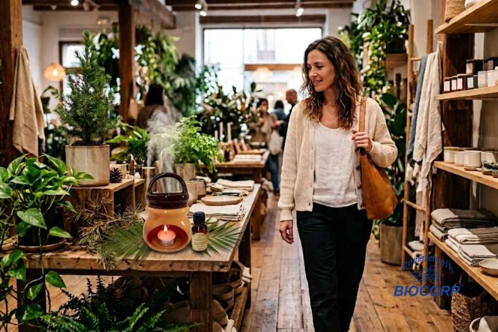 Una mujer sonriente paseando por una tienda de decoración natural y plantas, con estantes llenos de cerámica y un difusor de aroma humeante en primer plano.