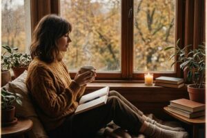 Mujer relajándose junto a la ventana en un día lluvioso, utilizando la aromaterapia para el estrés de fin de año y explorando las propiedades de la ruda y el incienso.