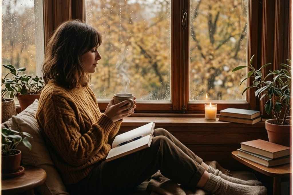 Mujer relajándose junto a la ventana en un día lluvioso, utilizando la aromaterapia para el estrés de fin de año y explorando las propiedades de la ruda y el incienso.