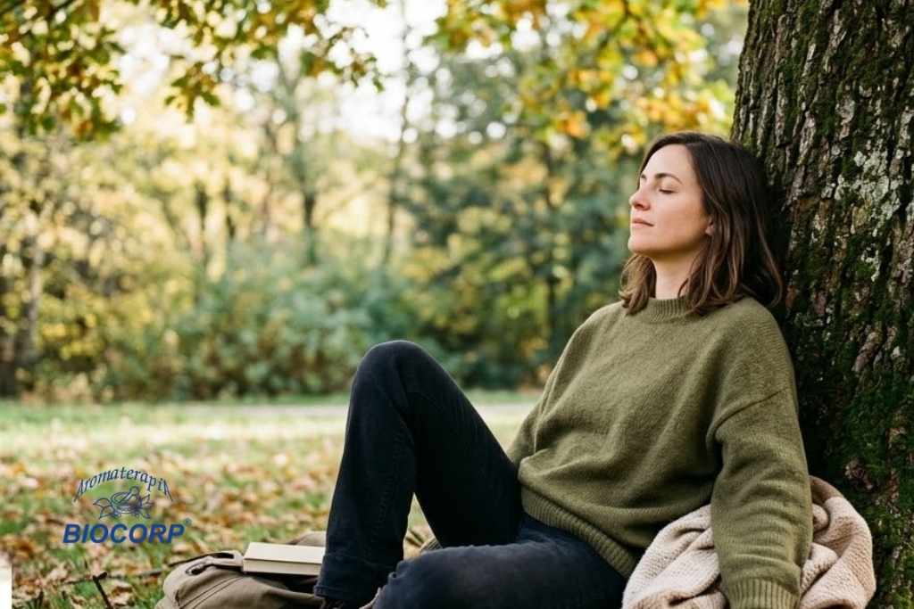 Mujer relajándose con los ojos cerrados junto a un gran árbol en un parque, un espacio natural de Biocorp ideal para aplicar la aromaterapia para el estrés de fin de año.