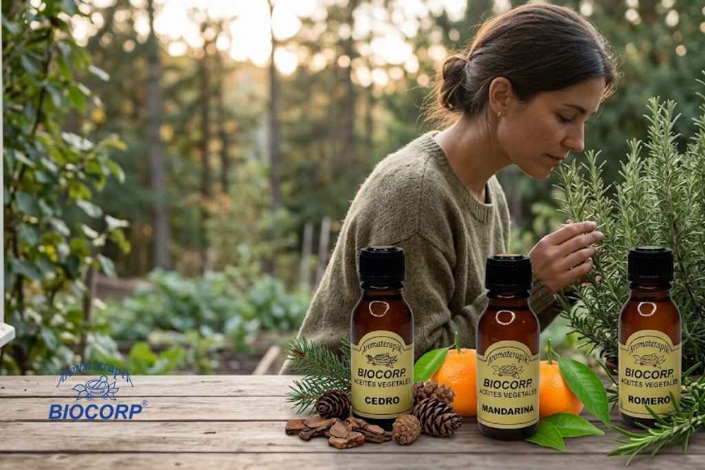 Tres aceites esenciales de Biocorp (cedro, mandarina y romero) sobre una mesa, con una mujer en el fondo oliendo romero, ideales para una sesión de aromaterapia para el estrés de fin de añ
