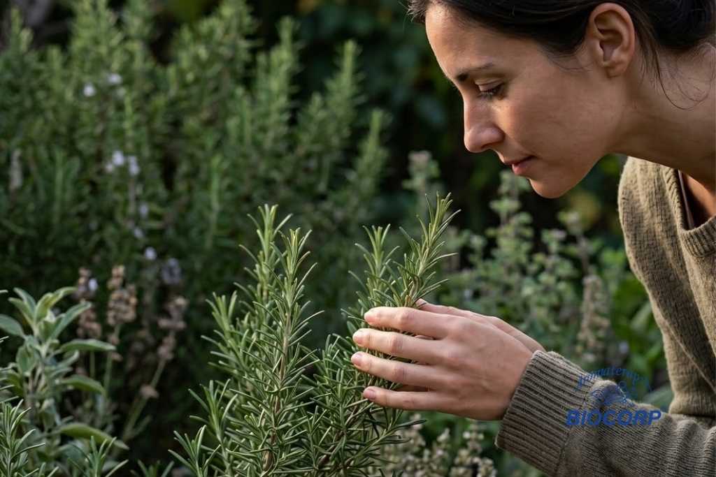 Mujer en un jardín tocando y oliendo plantas de romero fresco, una práctica natural de Biocorp que complementa la aromaterapia para el estrés de fin de año.
