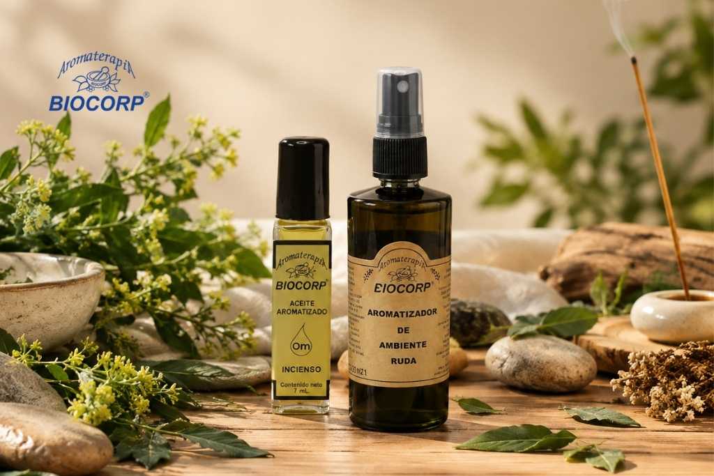Aceite aromatizado Om de incienso y aromatizador de ambiente concentrado de ruda de BIOCORP en una mesa rústica, rodeados de naturaleza, ideales para aprovechar las propiedades de la ruda y el incienso.