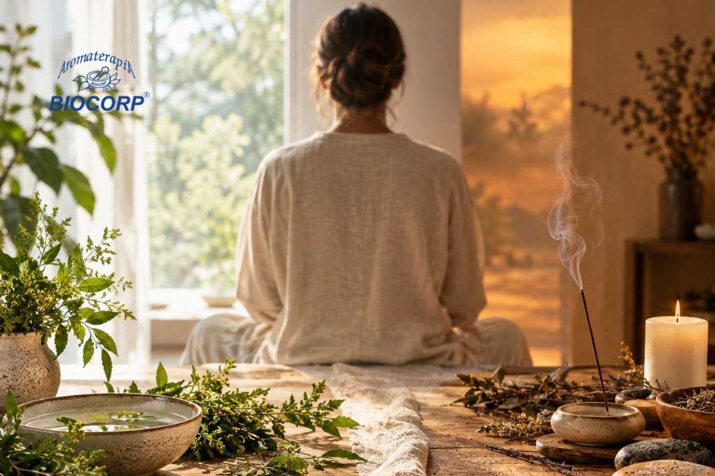 Persona meditando de espaldas frente a una ventana mientras se quema incienso y hay plantas naturales en una mesa, ideal para aprovechar las propiedades de la ruda y el incienso.